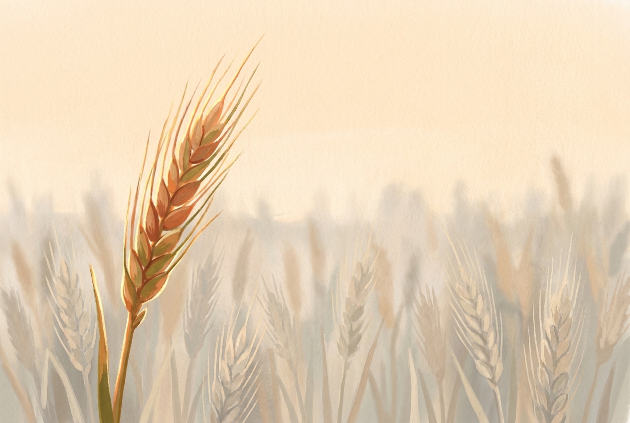 A single vivid wheat stalk standing out against a faded field of identical grey stalks, representing content only you could write
