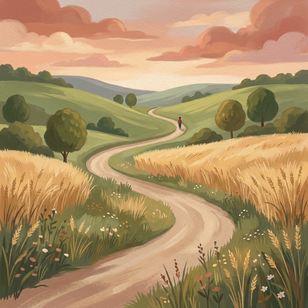 Illustration of a winding path through green hills and golden wheat fields