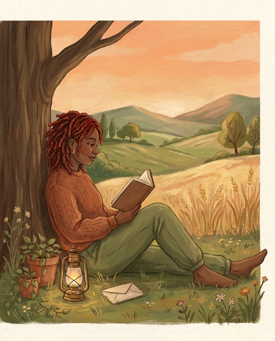 Illustration of Tori Mukami reading a book under a tree, beside a letter and a lantern, with green hills and wheat fields behind her
