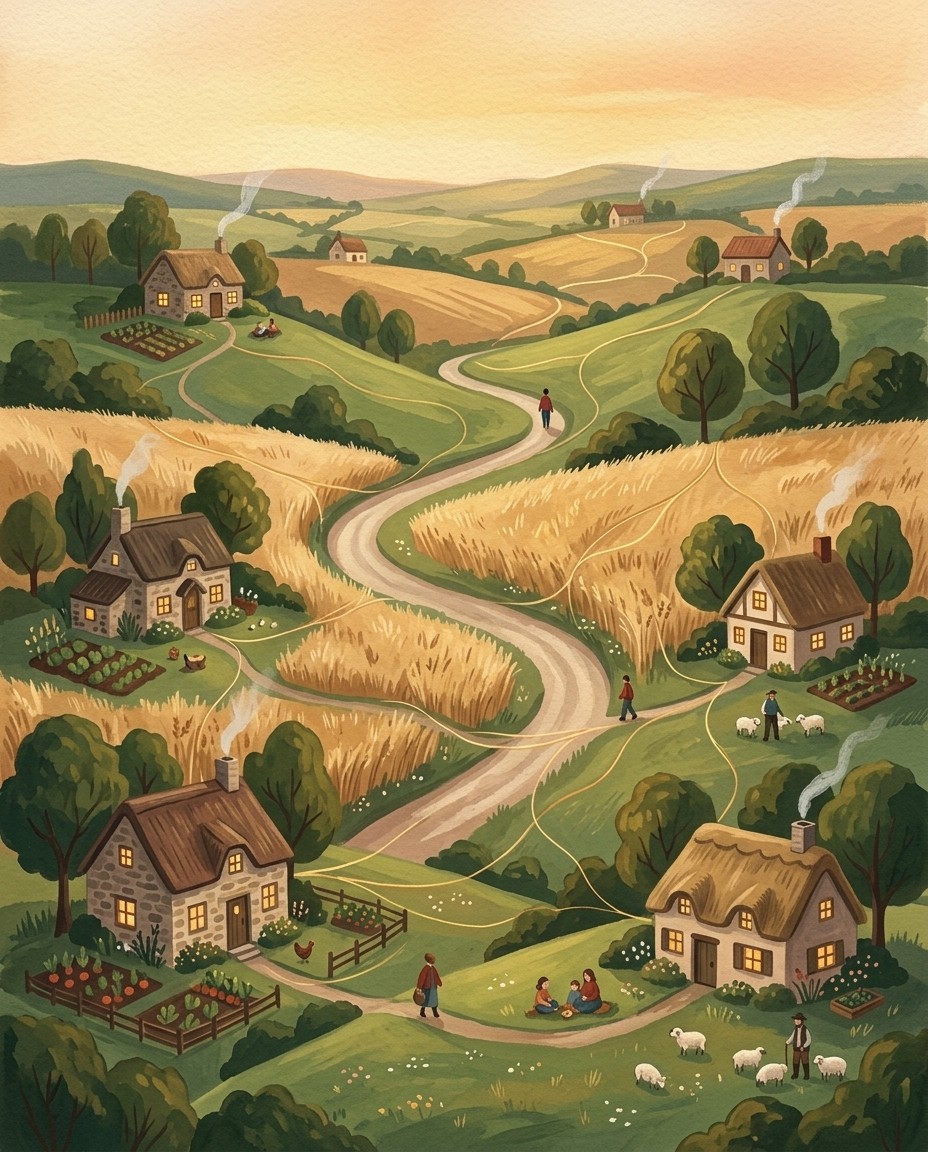 A folk-art gouache illustration of a storybook village at golden hour: cottages with smoking chimneys joined by winding paths across green hills and wheat fields, small figures visiting one another.