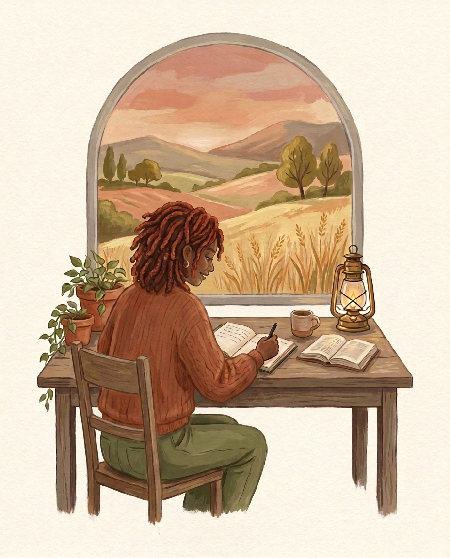 Illustration of Tori Mukami at her writing desk by a window over green hills and wheat fields