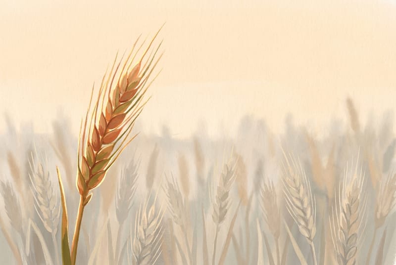 A single vivid wheat stalk standing out against a faded field of identical grey stalks, representing content only you could write