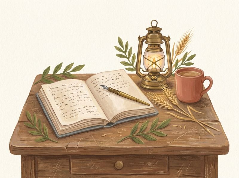 Illustration of an open journal, pen, lantern and wheat on a desk